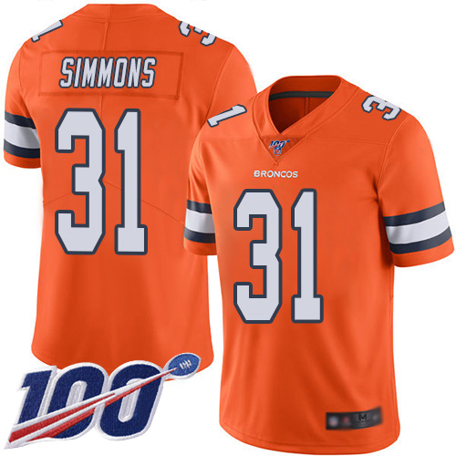 Men Denver Broncos #31 Justin Simmons Limited Orange Rush Vapor Untouchable 100th Season Football NFL Jersey